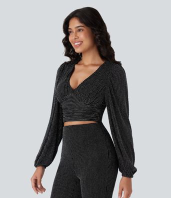 Crop top col V manches longues, effet sparkle