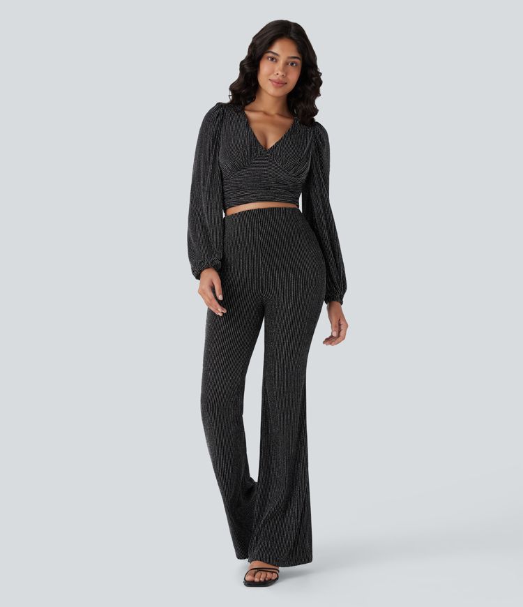 Crop top col V manches longues, effet sparkle