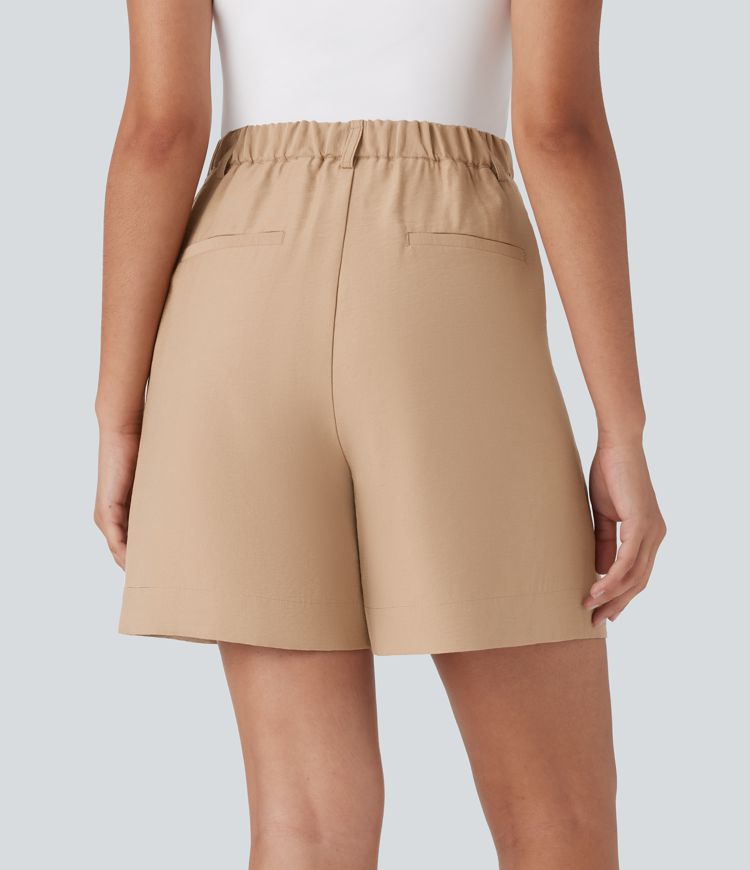 High Waisted Button Zipper Side Pocket Work Linen-Feel Shorts