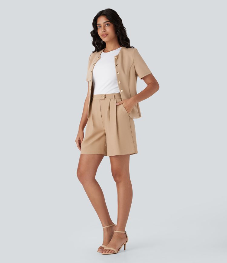 Short tailleur taille haute avec bouton, fermeture éclair et poches latérales