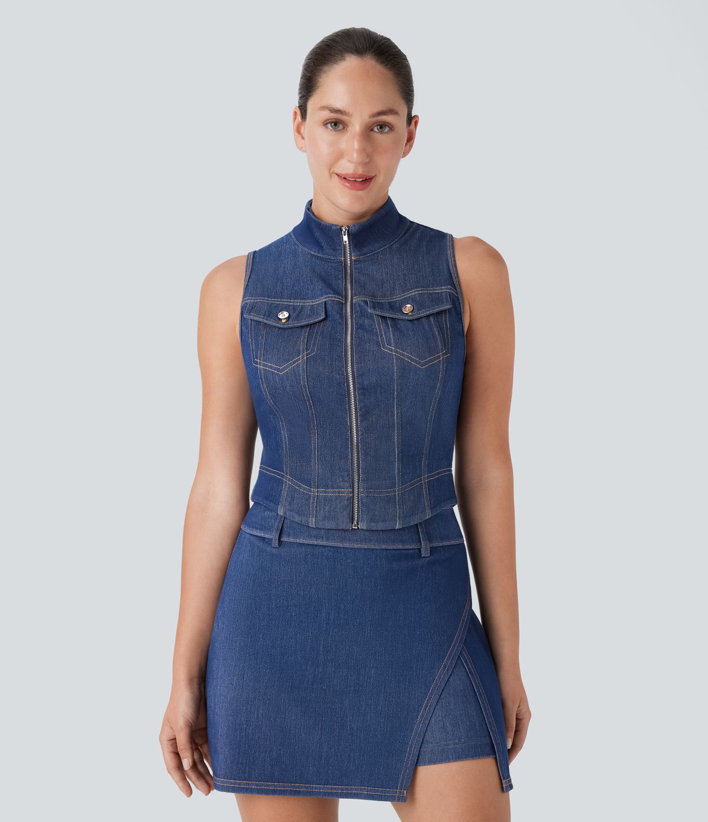 Débardeur de tennis Halara Flex™ en denim stretch lavé avec col montant, fermeture éclair et toucher frais