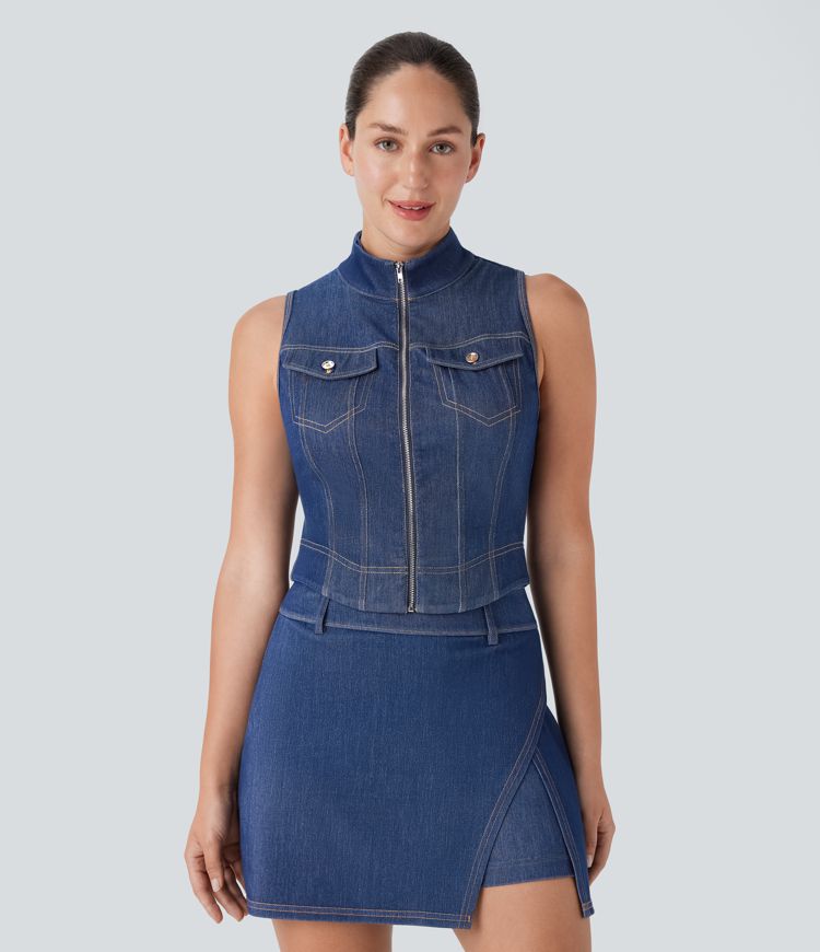 Halara Flex™ Stand Collar Zipper Cool Touch Washed Denim Tennis Tank Top