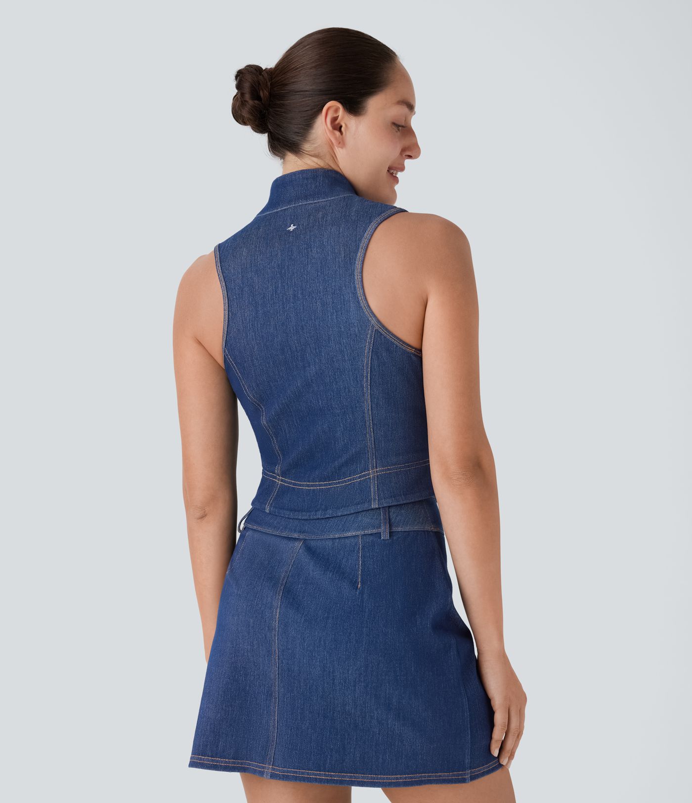 Débardeur de tennis Halara Flex™ en denim stretch lavé avec col montant, fermeture éclair et toucher frais