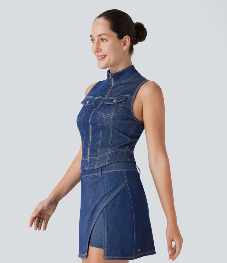Halara Flex™ Stand Collar Zipper Cool Touch Washed Denim Tennis Tank Top