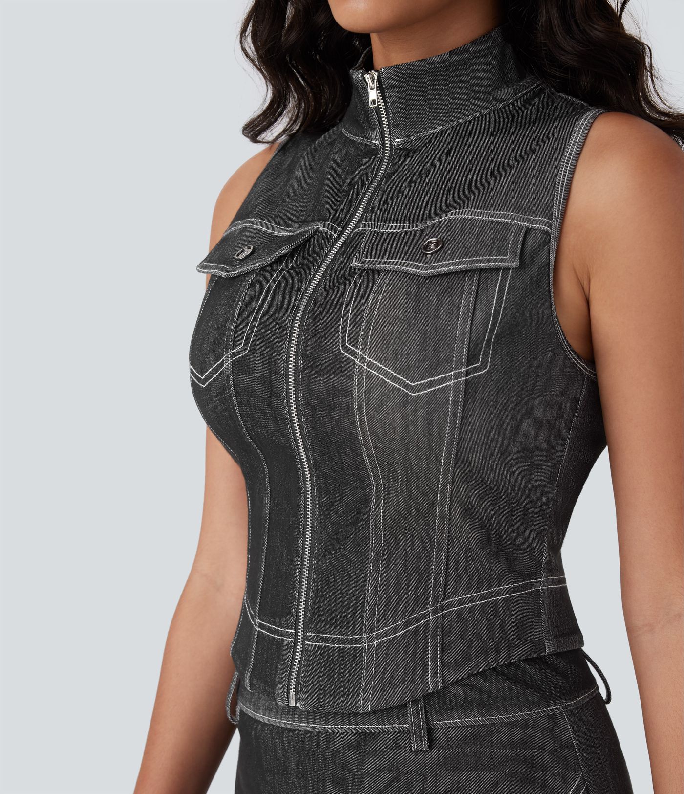 Halara Flex™ Stand Collar Zipper Cool Touch Washed Denim Tennis Tank Top