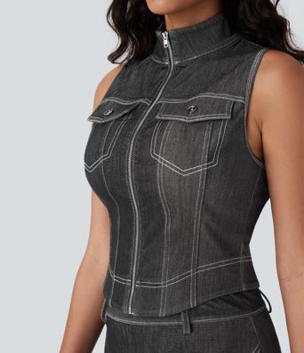 Halara Flex™ Stand Collar Zipper Cool Touch Washed Denim Tennis Tank Top