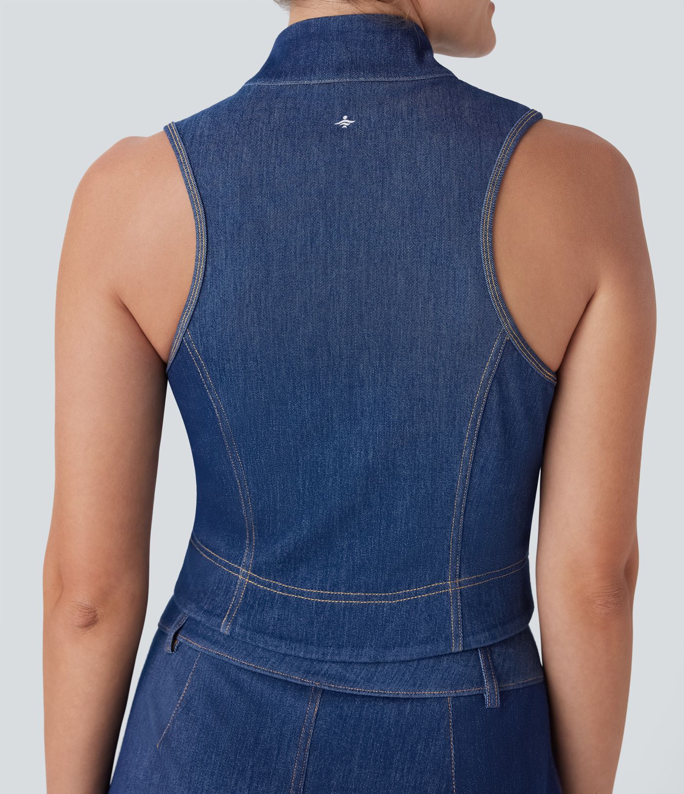 Débardeur de tennis Halara Flex™ en denim stretch lavé avec col montant, fermeture éclair et toucher frais