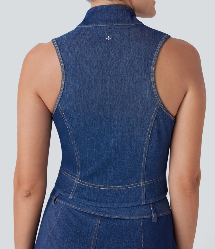 Halara Flex™ Stand Collar Zipper Cool Touch Washed Denim Tennis Tank Top