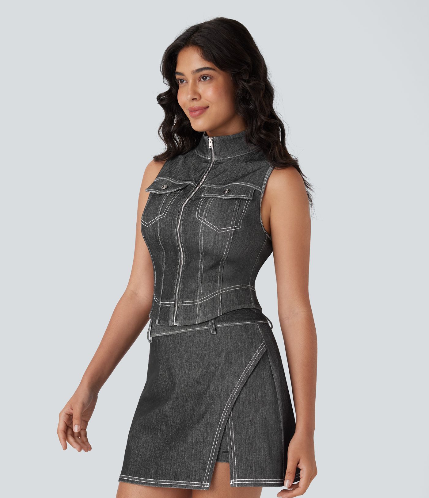 Halara Flex™ Stand Collar Zipper Cool Touch Washed Denim Tennis Tank Top