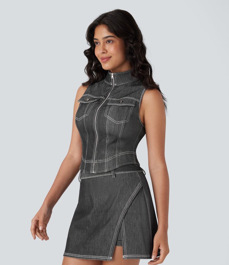 Halara Flex™ Stand Collar Zipper Cool Touch Washed Denim Tennis Tank Top