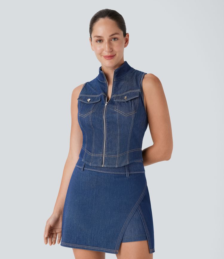 Halara Flex™ Stand Collar Zipper Cool Touch Washed Denim Tennis Tank Top