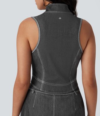 Halara Flex™ Stand Collar Zipper Cool Touch Washed Denim Tennis Tank Top
