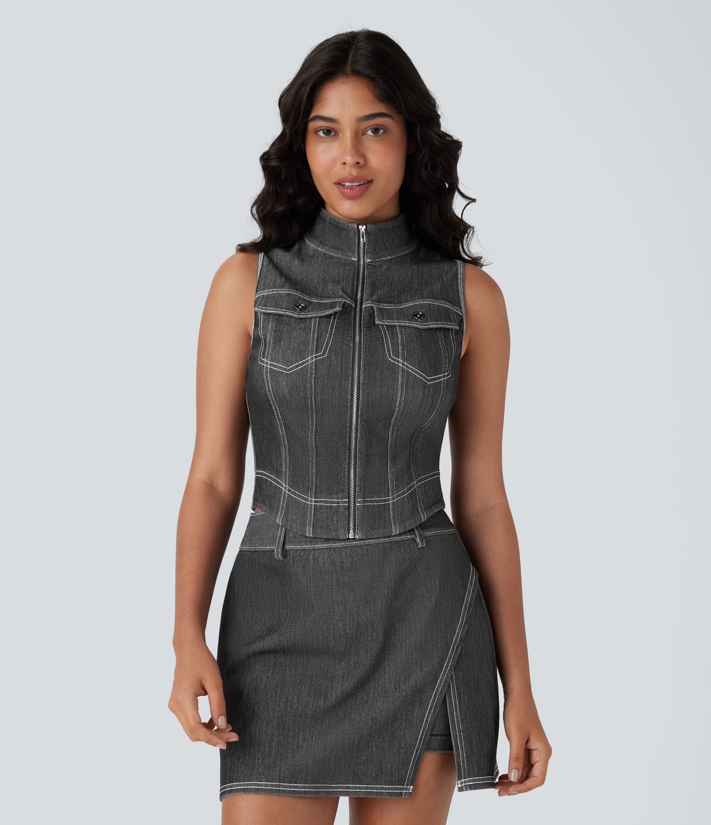 Halara Flex™ Stand Collar Zipper Cool Touch Washed Denim Tennis Tank Top