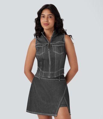 Halara Flex™ Stand Collar Zipper Cool Touch Washed Denim Tennis Tank Top