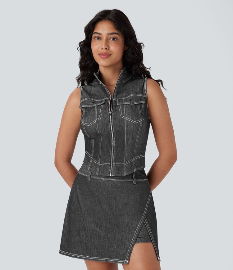 Halara Flex™ Stand Collar Zipper Cool Touch Washed Denim Tennis Tank Top