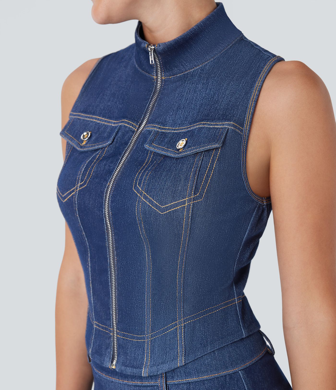 Débardeur de tennis Halara Flex™ en denim stretch lavé avec col montant, fermeture éclair et toucher frais