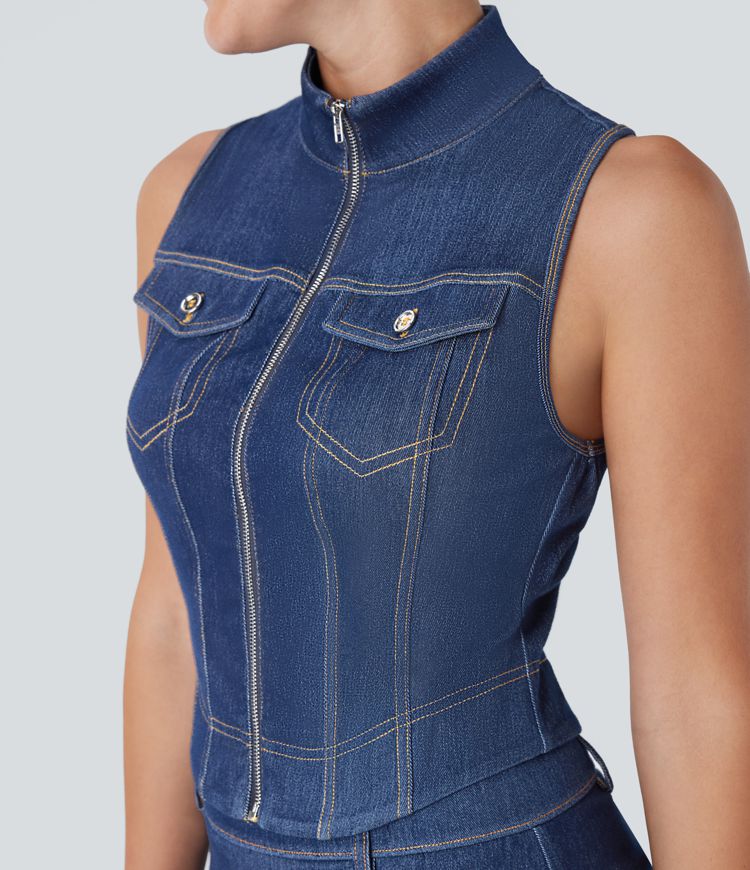 Halara Flex™ Stand Collar Zipper Cool Touch Washed Denim Tennis Tank Top