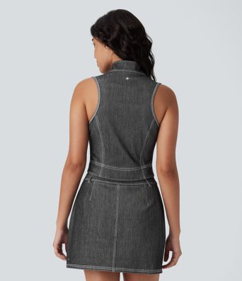 Halara Flex™ Stand Collar Zipper Cool Touch Washed Denim Tennis Tank Top