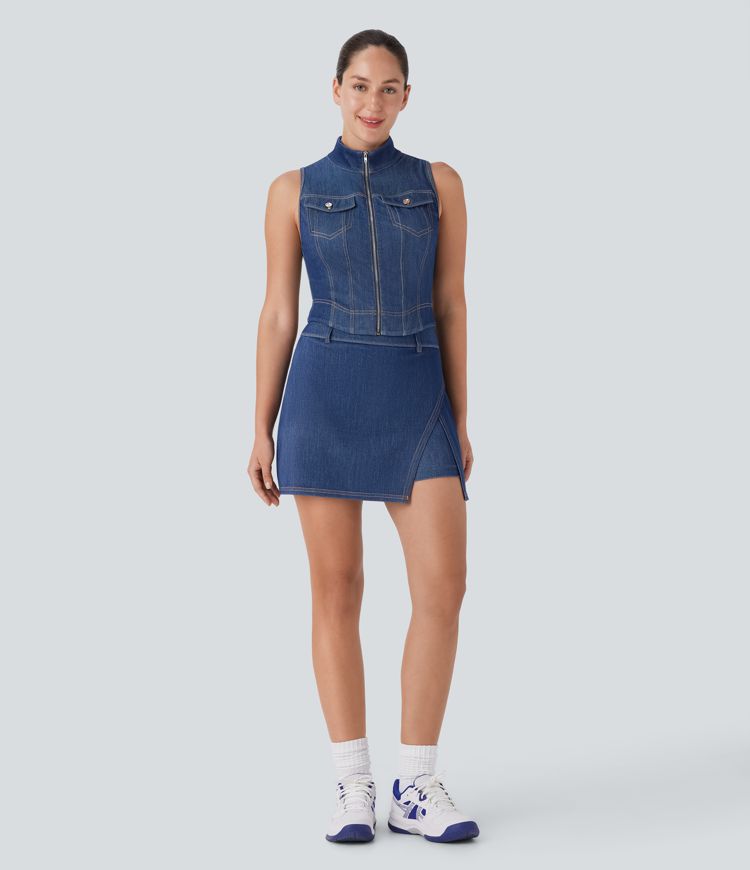 Halara Flex™ Stand Collar Zipper Cool Touch Washed Denim Tennis Tank Top