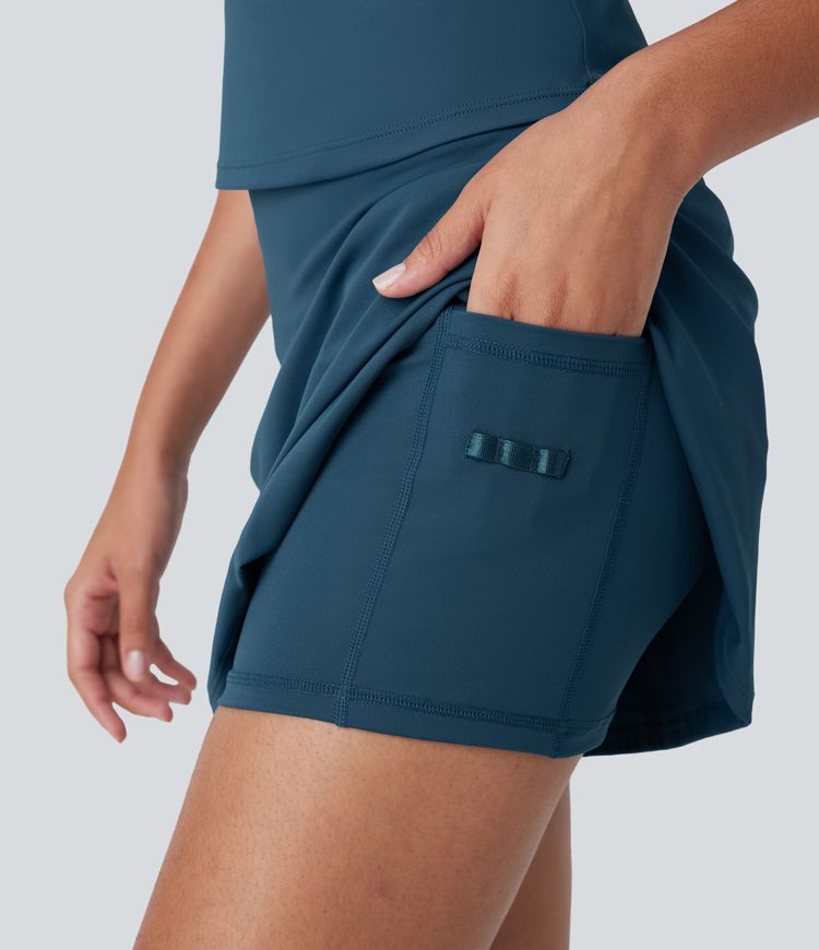 Conjunto 2 en 1 de camiseta y falda de golf Softlyzero™ con secado rápido con bolsillos laterales y abertura con moldeador de abdomen (bolsillos para tees de golf)