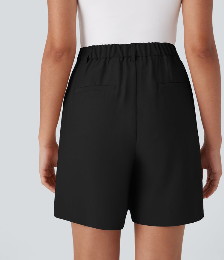 High Waisted Zipper Pocket Work Linen-Feel Shorts