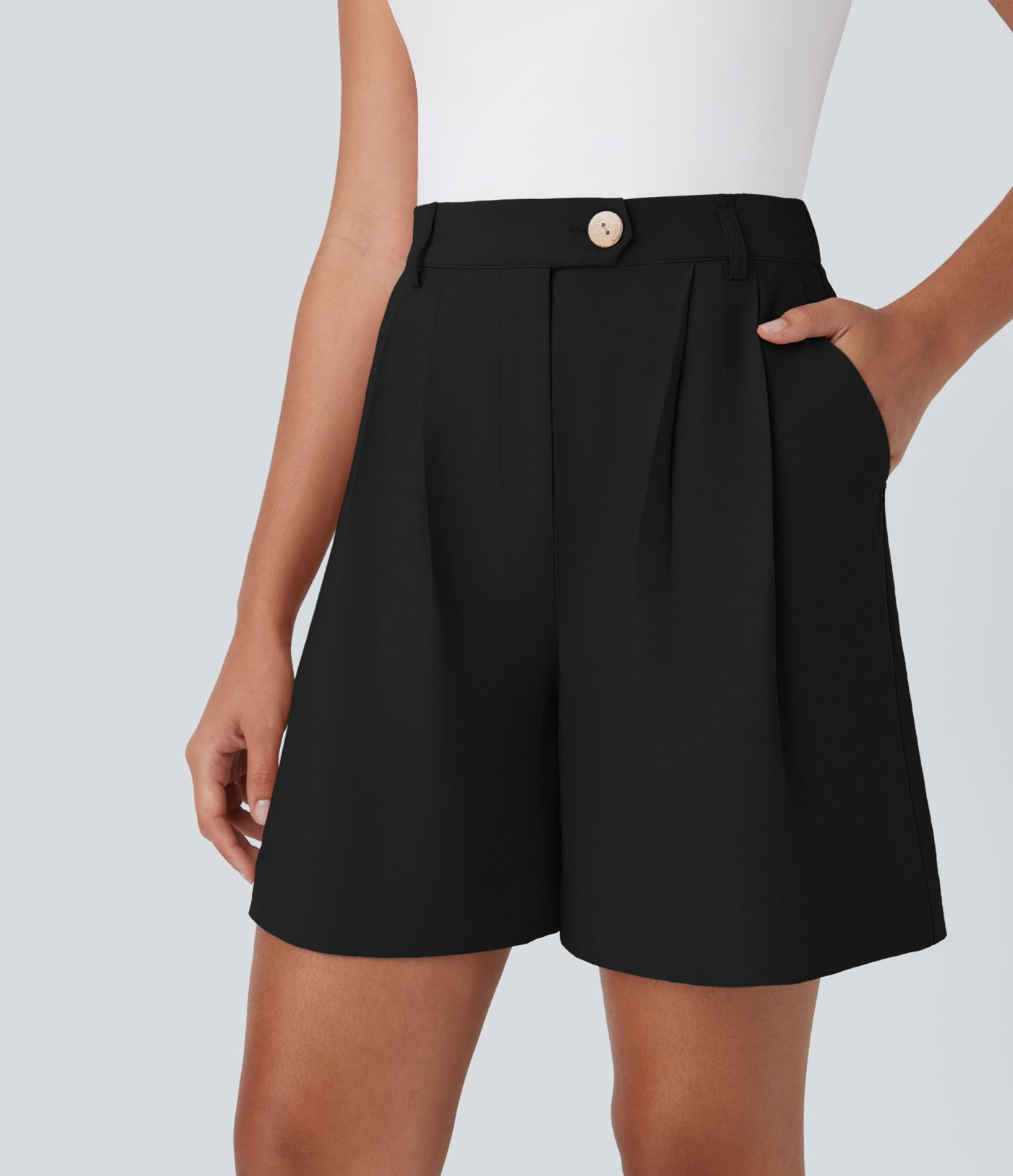 High Waisted Zipper Pocket Work Linen-Feel Shorts
