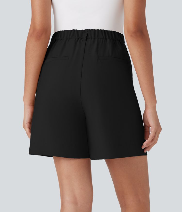 High Waisted Button Zipper Side Pocket Work Linen-Feel Shorts