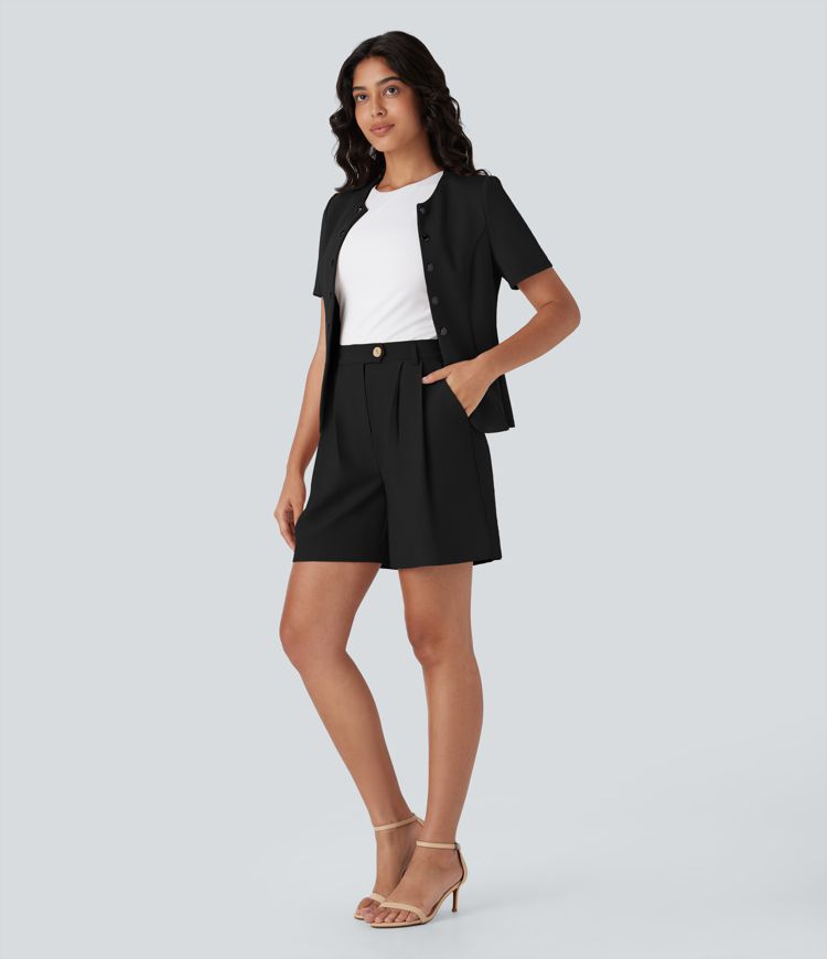 High Waisted Zipper Pocket Work Linen-Feel Shorts