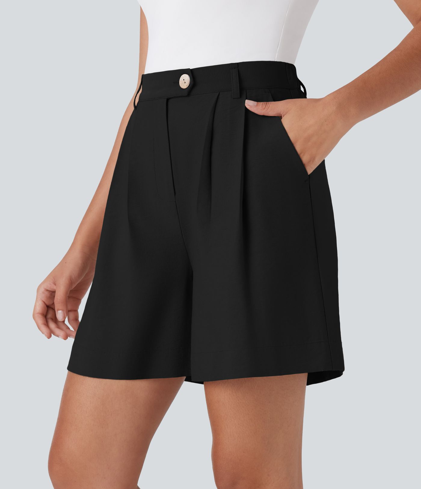 High Waisted Zipper Pocket Work Linen-Feel Shorts