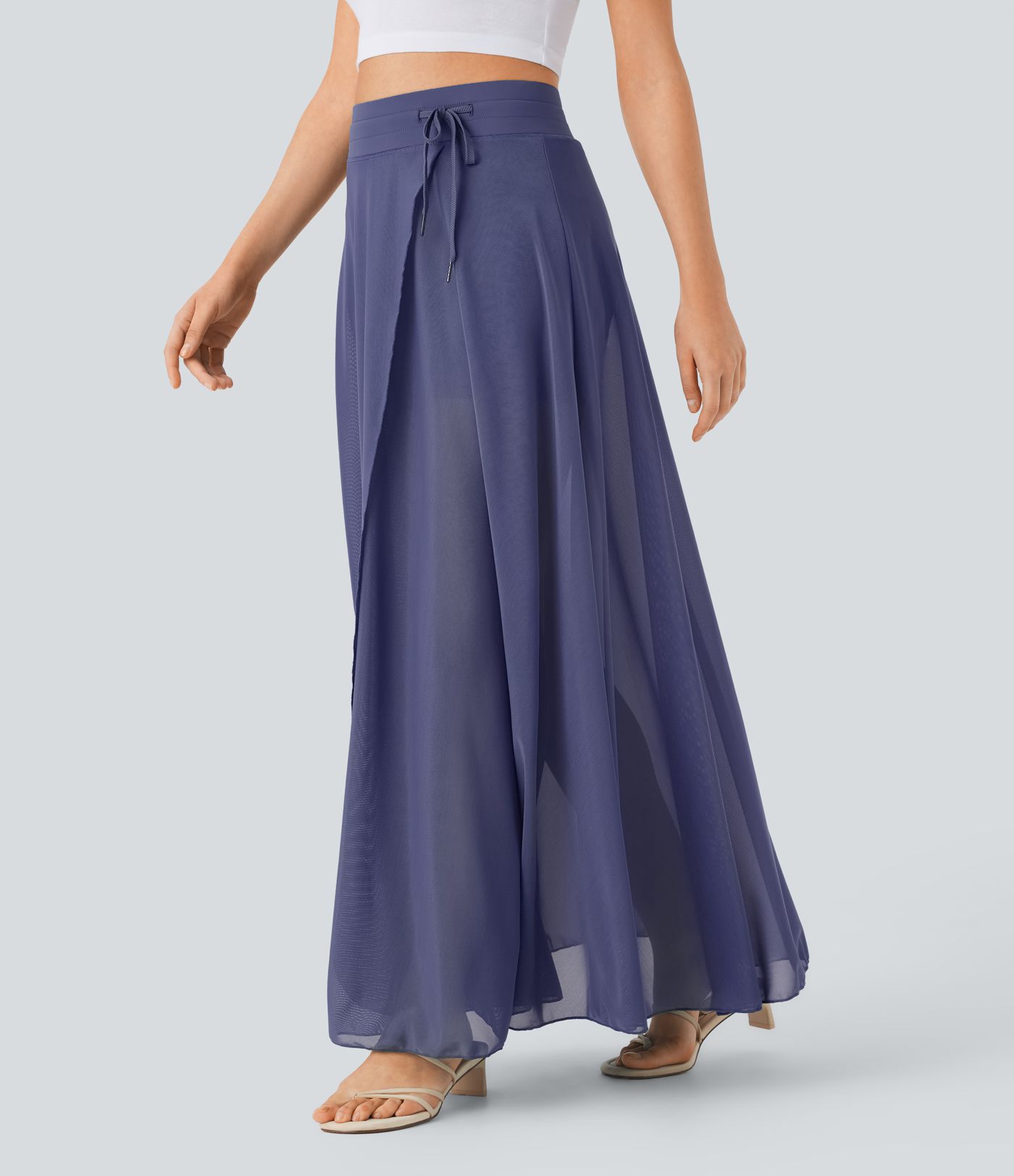 High Waisted Drawstring Contrast Mesh 2-in-1 Pocket Flowy Maxi Flare Casual Skirt