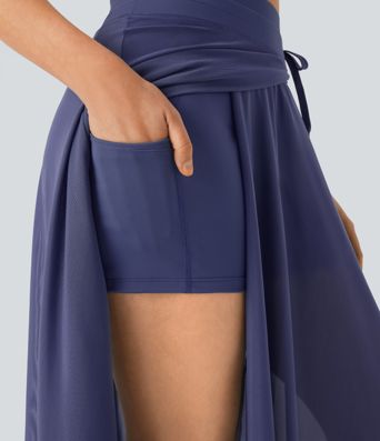 High Waisted Drawstring Contrast Mesh 2-in-1 Pocket Flowy Maxi Flare Casual Skirt