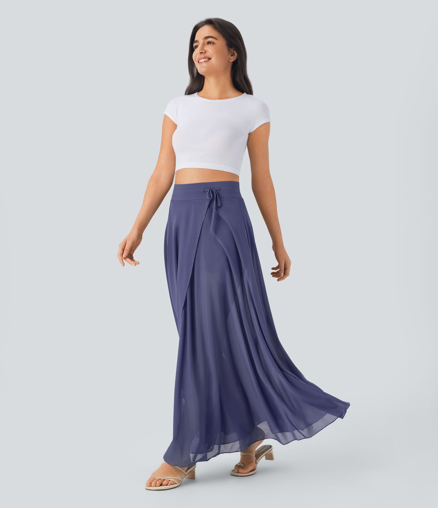 High Waisted Drawstring Contrast Mesh 2-in-1 Pocket Flowy Maxi Flare Casual Skirt