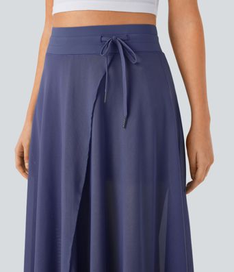 High Waisted Drawstring Contrast Mesh 2-in-1 Pocket Flowy Maxi Flare Casual Skirt