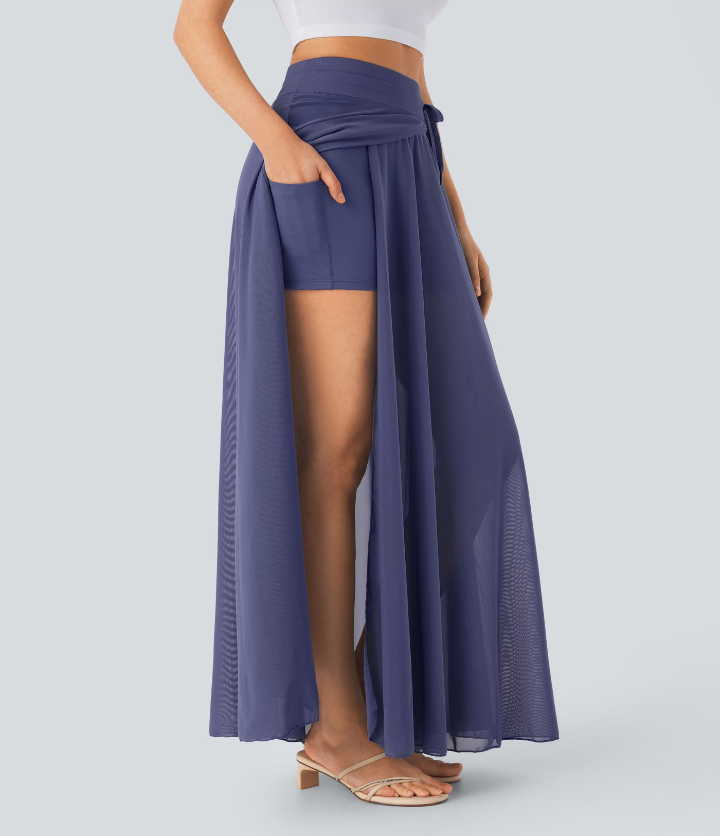High Waisted Drawstring Contrast Mesh 2-in-1 Pocket Flowy Maxi Flare Casual Skirt