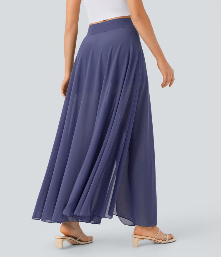 High Waisted Drawstring Contrast Mesh 2-in-1 Pocket Flowy Maxi Flare Casual Skirt