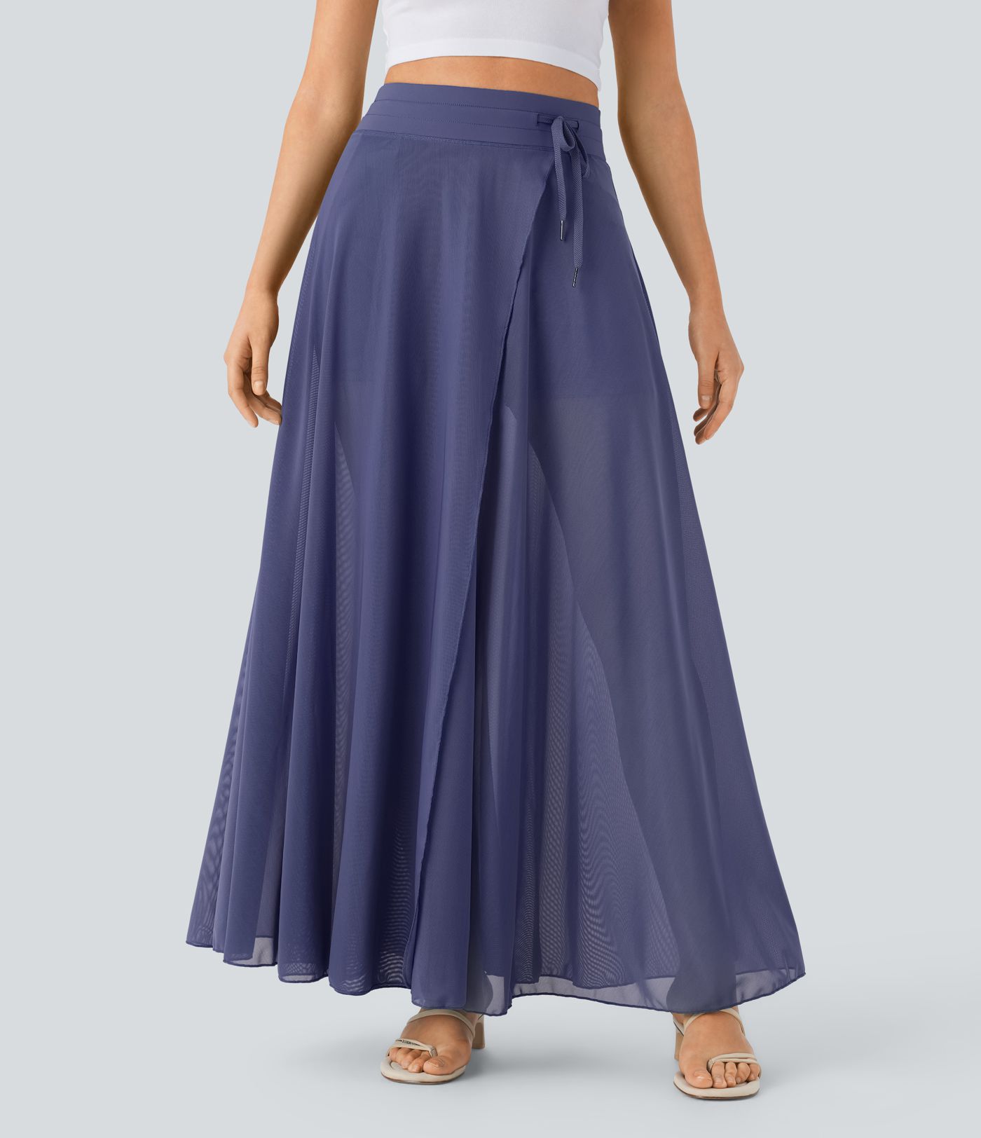 High Waisted Drawstring Contrast Mesh 2-in-1 Pocket Flowy Maxi Flare Casual Skirt
