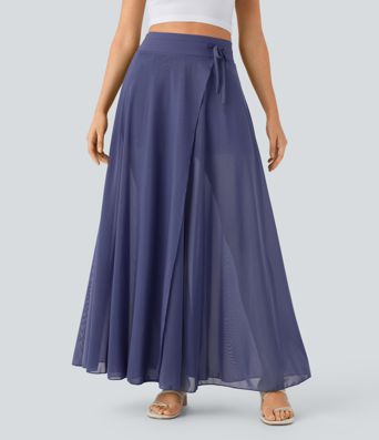 High Waisted Drawstring Contrast Mesh 2-in-1 Pocket Flowy Maxi Flare Casual Skirt