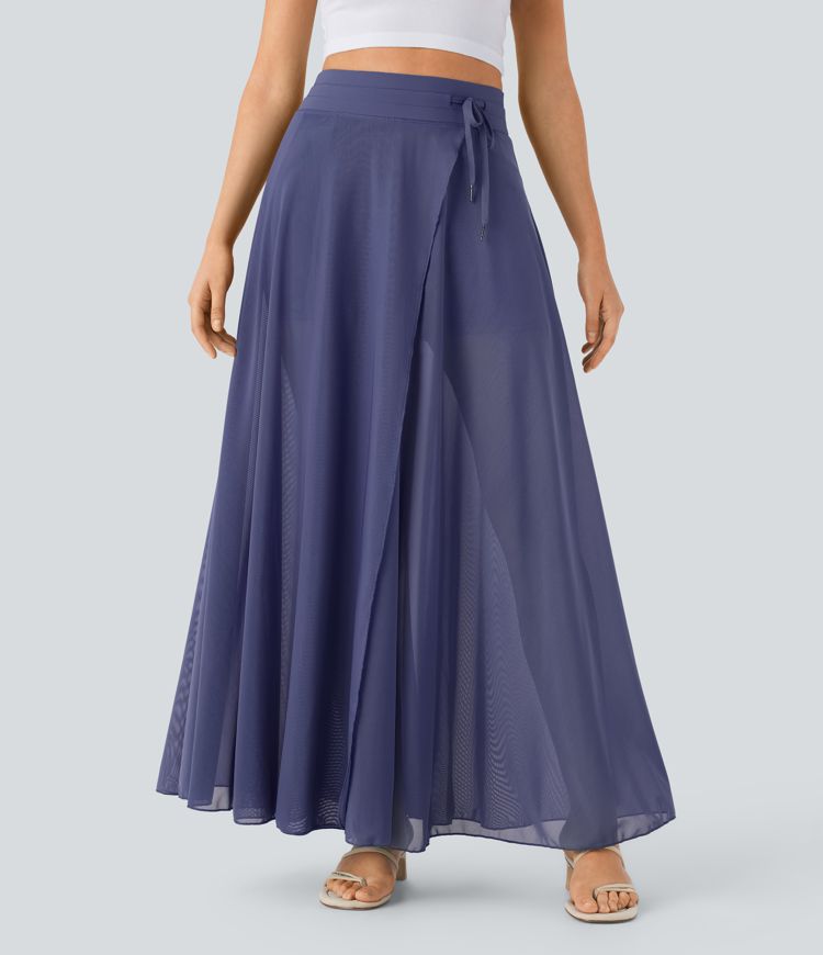 High Waisted Drawstring Contrast Mesh 2-in-1 Pocket Flowy Maxi Flare Casual Skirt