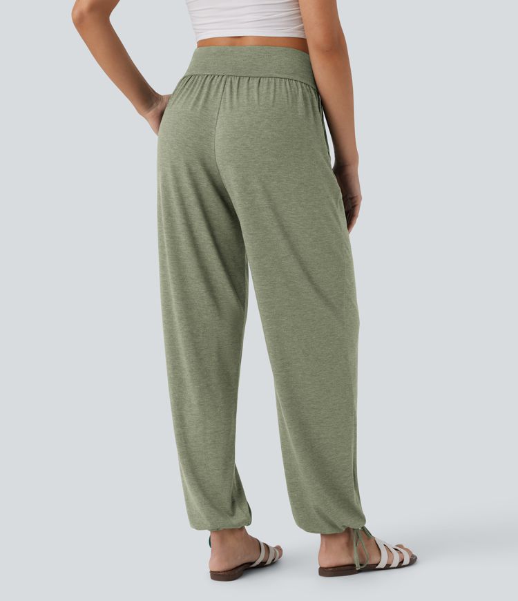 Crossover High Waisted Side Pocket Drawstring Casual Joggers