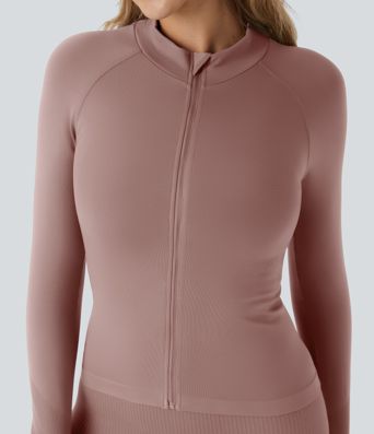 OneForm Seamless Flow Stand Collar Raglan Sleeve Thumb Hole Zipper Skinny Yoga Jacket