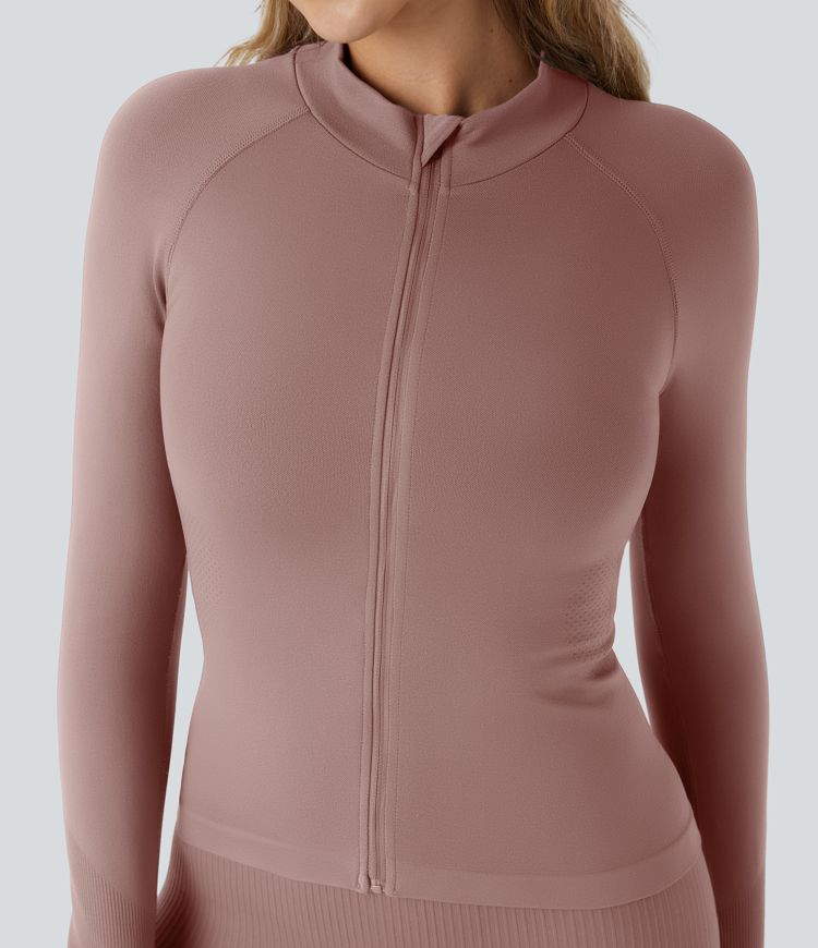 OneForm Seamless Flow Stand Collar Raglan Sleeve Thumb Hole Zipper Skinny Yoga Jacket