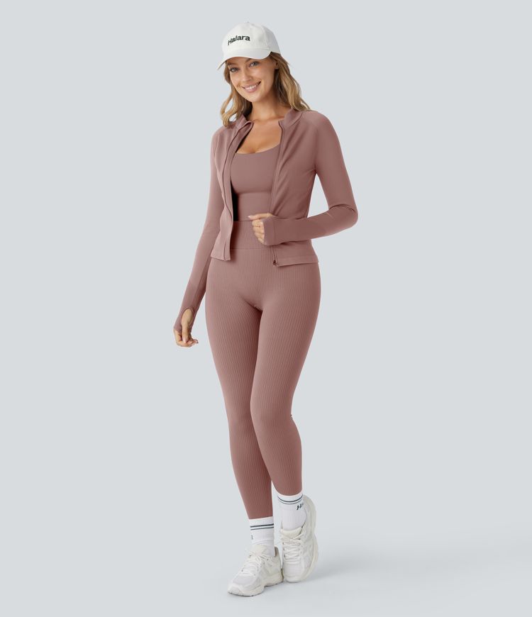 OneForm Seamless Flow Stand Collar Raglan Sleeve Thumb Hole Zipper Skinny Yoga Jacket