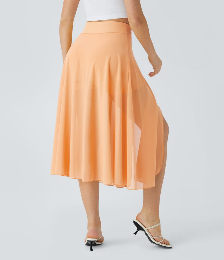 Jupe Casual Évasée Mesh Mi-Longue Fuide 2 en 1 Contrastée Taille Haute Cordon Poche Latérale