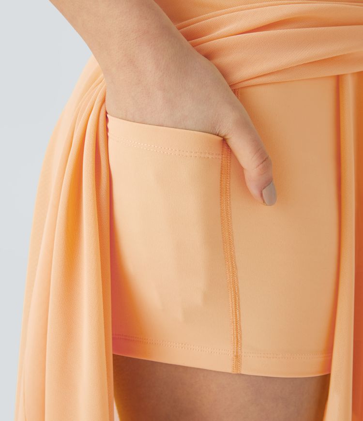 Jupe Casual Évasée Mesh Mi-Longue Fuide 2 en 1 Contrastée Taille Haute Cordon Poche Latérale