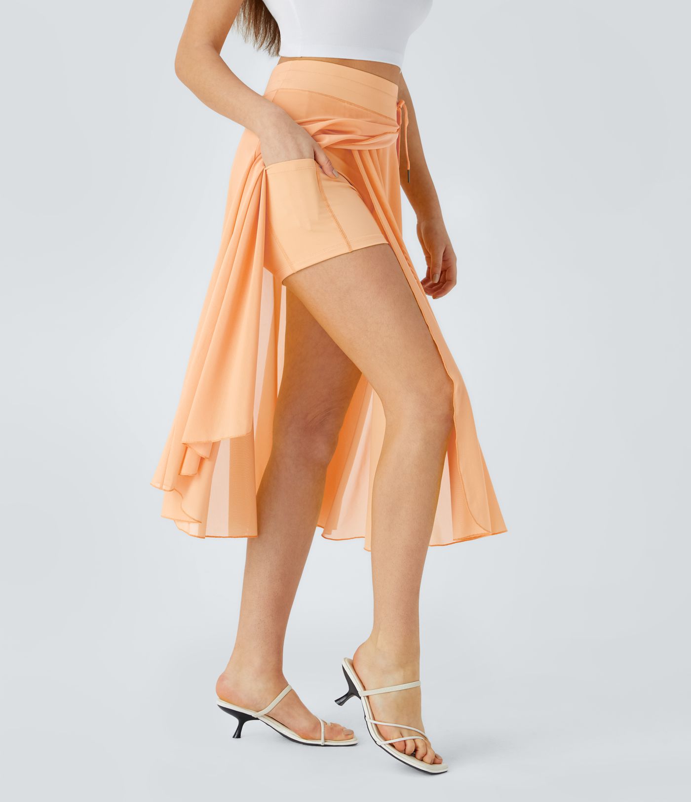 Jupe Casual Évasée Mesh Mi-Longue Fuide 2 en 1 Contrastée Taille Haute Cordon Poche Latérale