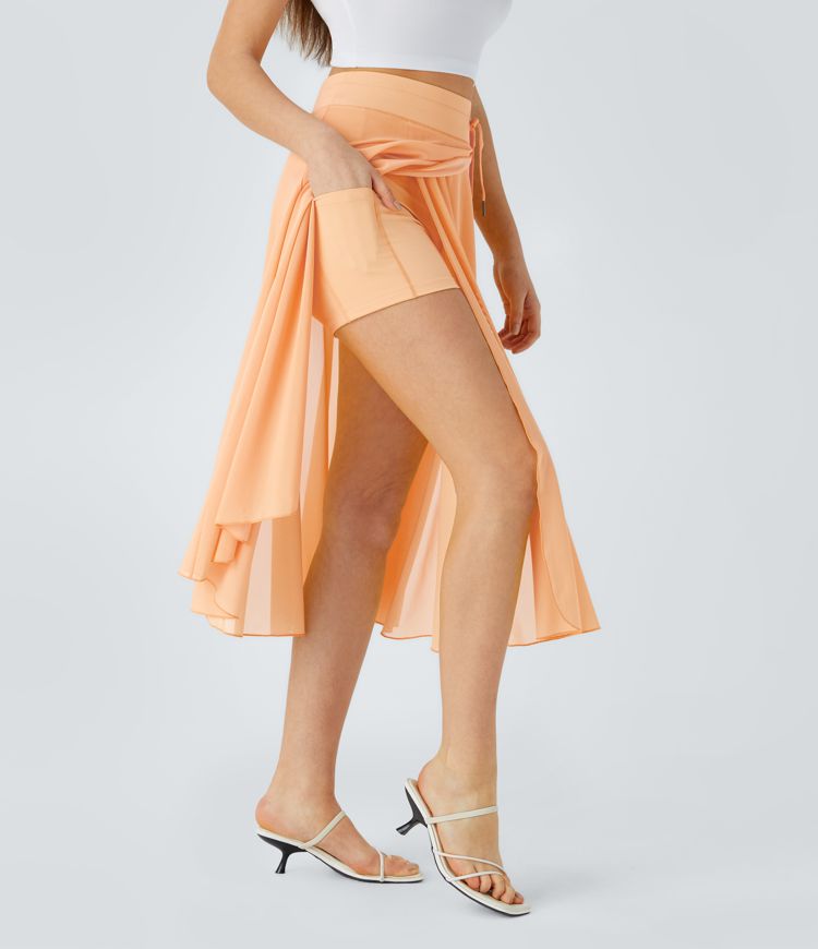 Jupe Casual Évasée Mesh Mi-Longue Fuide 2 en 1 Contrastée Taille Haute Cordon Poche Latérale