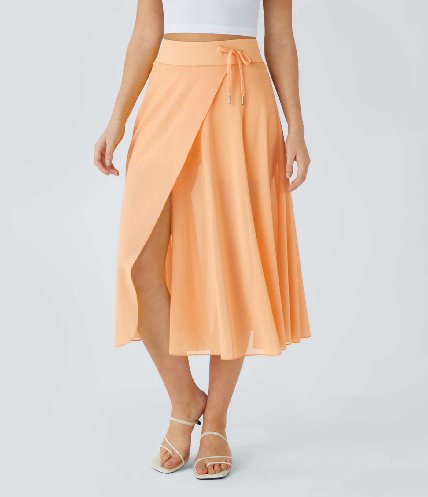 Jupe Casual Évasée Mesh Mi-Longue Fuide 2 en 1 Contrastée Taille Haute Cordon Poche Latérale