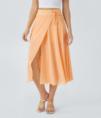 Jupe Casual Évasée Mesh Mi-Longue Fuide 2 en 1 Contrastée Taille Haute Cordon Poche Latérale