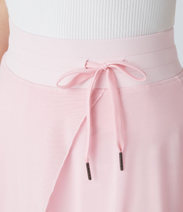 High Waisted Drawstring Contrast Mesh 2-in-1 Pocket Flowy Midi Flare Casual Skirt