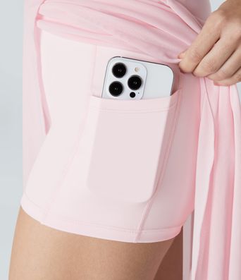 High Waisted Drawstring Contrast Mesh 2-in-1 Pocket Flowy Midi Flare Casual Skirt